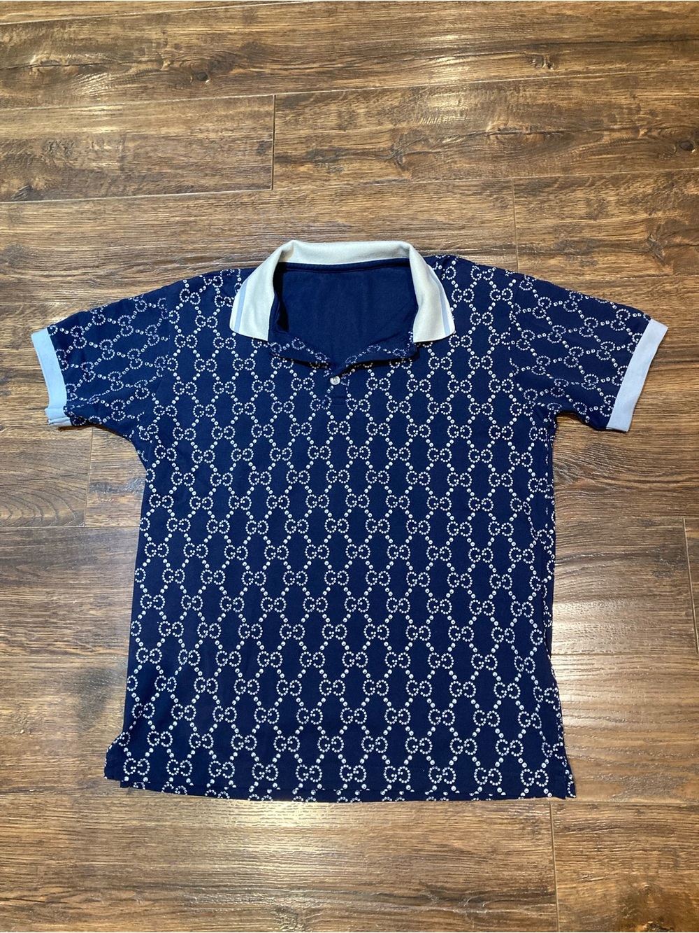 Gucci Navy Polo with White Monogram Pattern and Contrast Trim